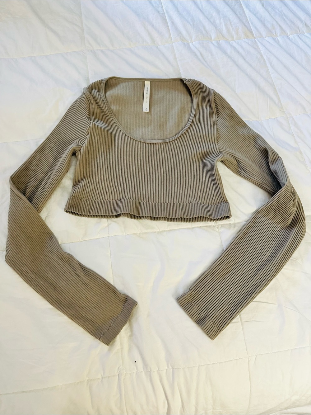 Aritzia The Group Babaton Ribbed Scoop-Neck Cropped Top in Taupe L